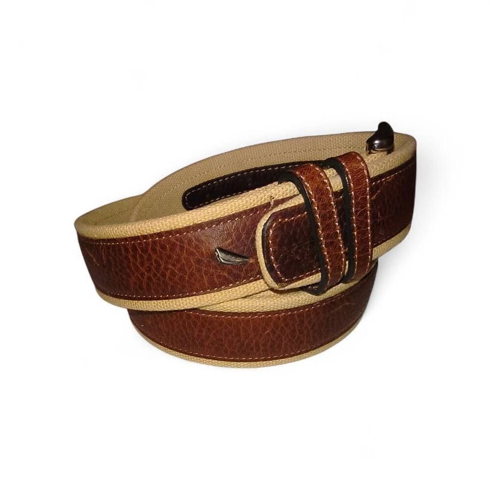 Nautica leather canvas webbing belt J-class sailboat logo brown pebbled leather